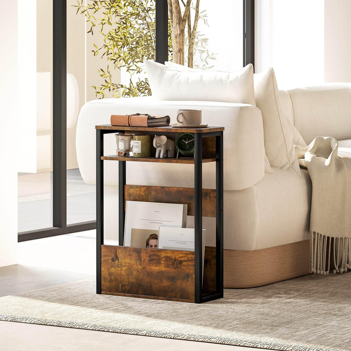 Rustic industrial side table with black metal frame and two open wood shelves
