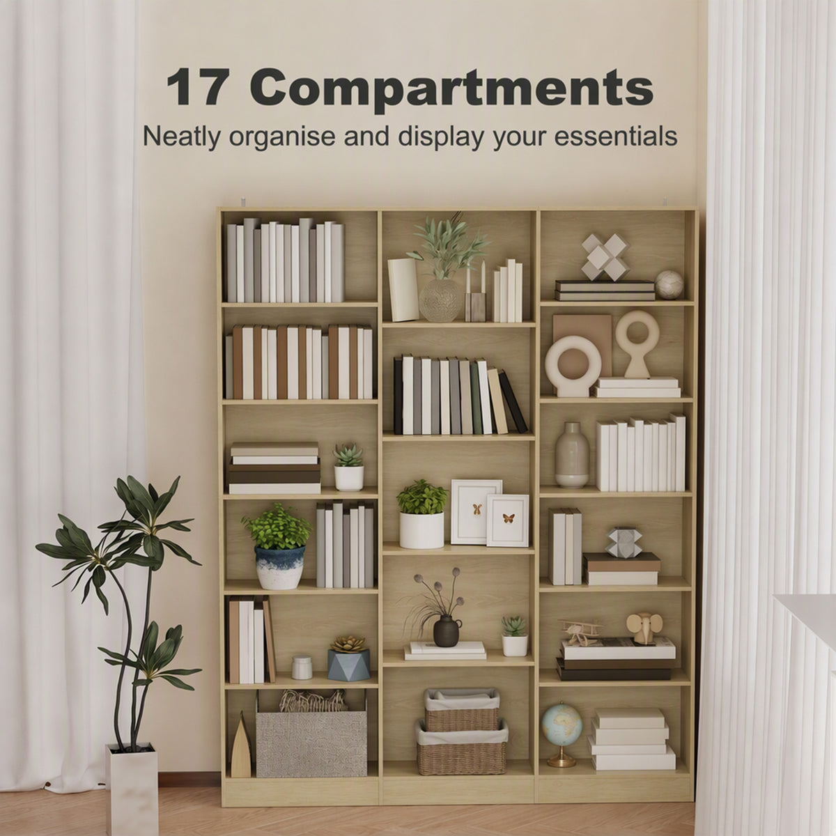 Light oak bookcase with 17 open compartments for books, decor, and small storage items