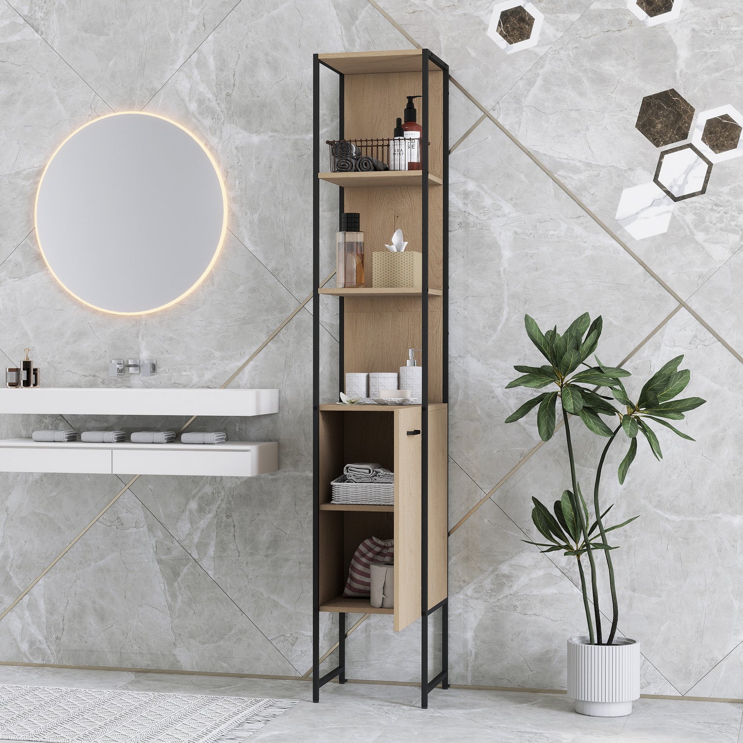 HOMCOM Tall Narrow Bathroom Cabinet With Open Shelves And Adjustable Shelf Natural Wood Finish