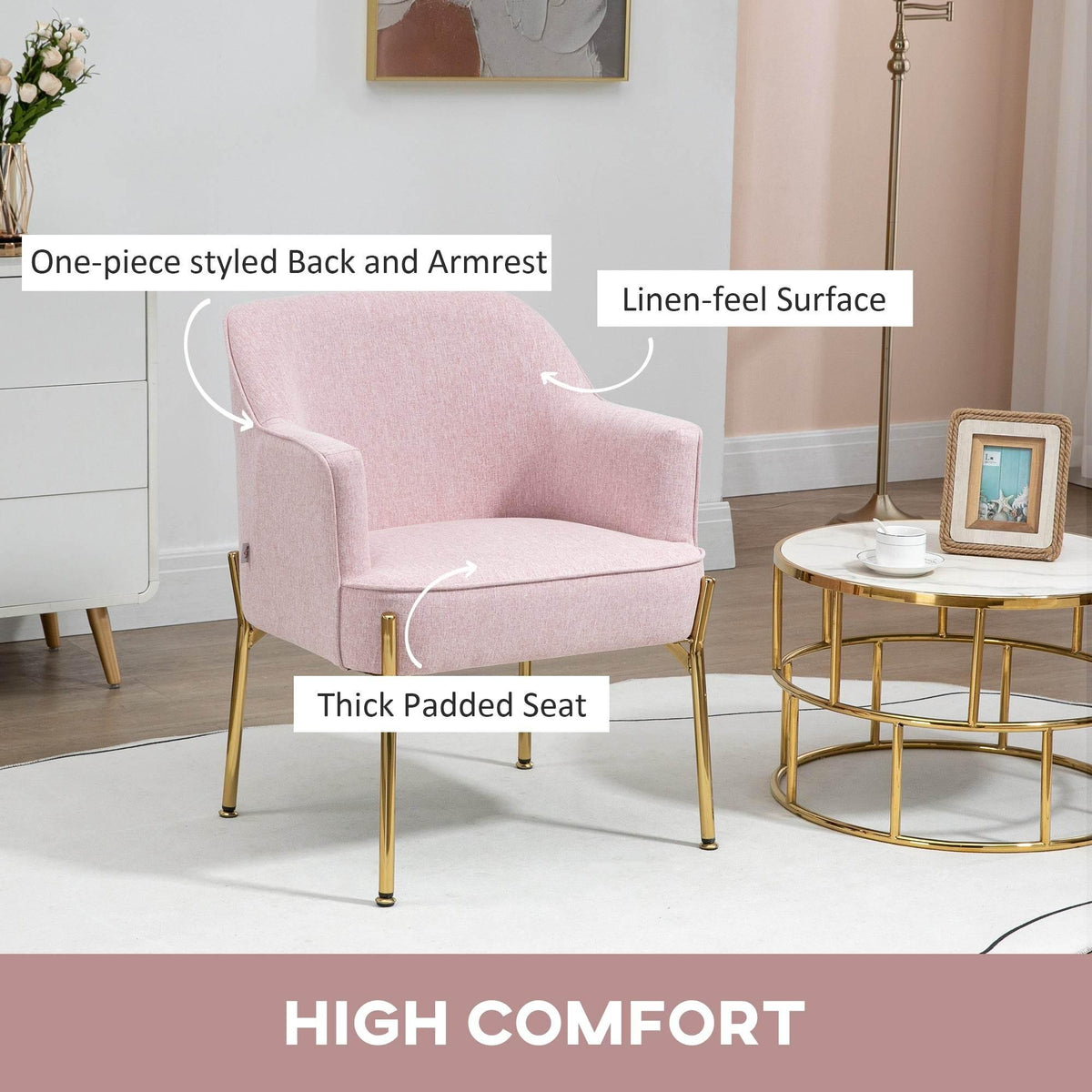 Pink accent chair with linen-look surface, one-piece arms and back, gold legs