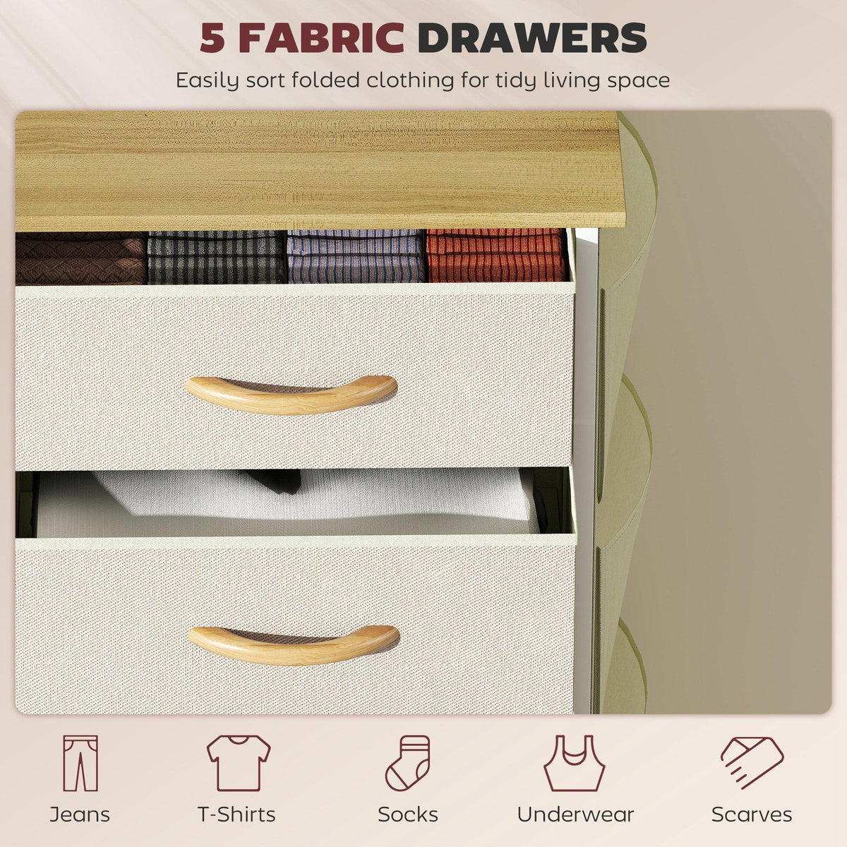Beige fabric drawer chest with five foldable fabric compartments and curved wood handles