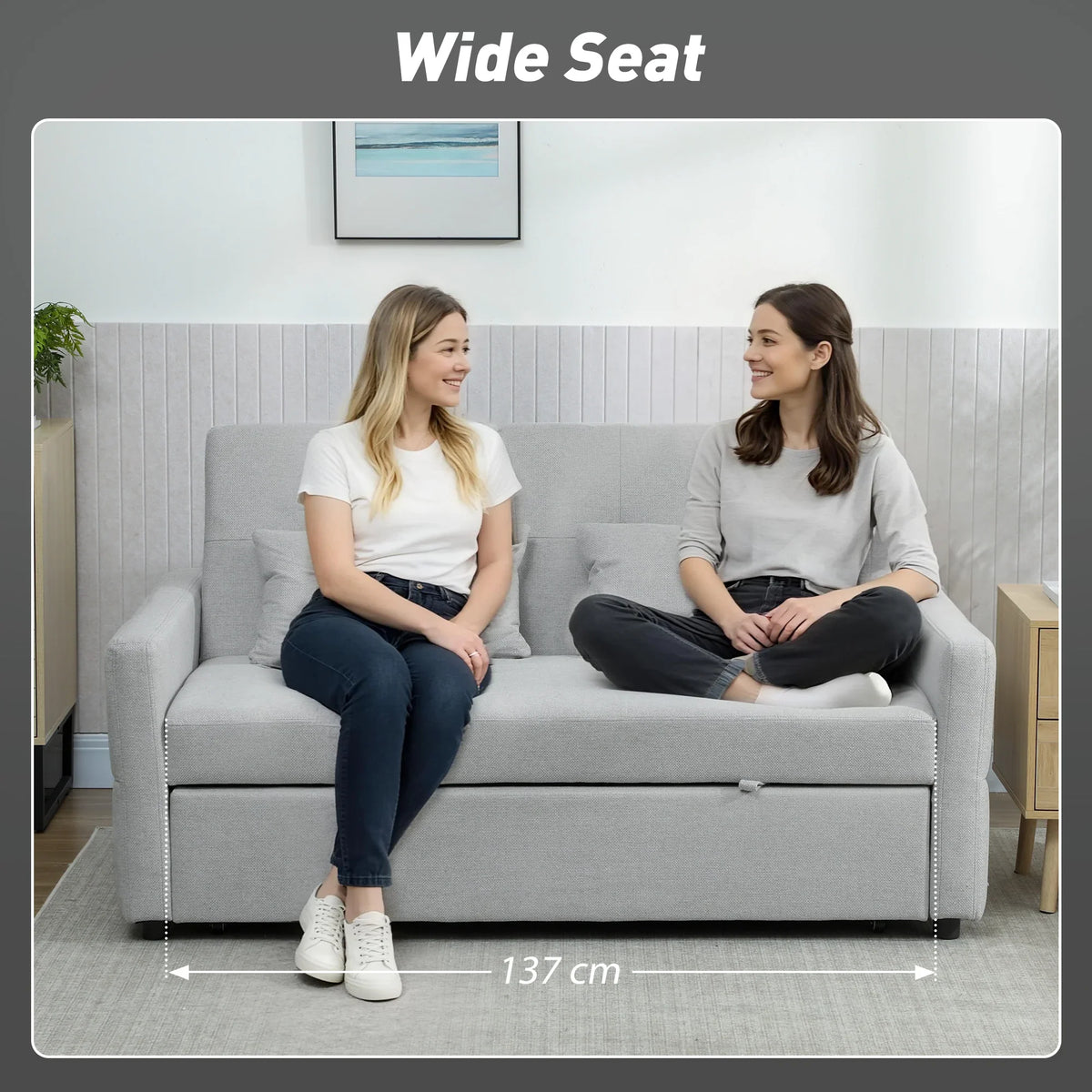 Light grey sofa bed with wide seat and tufted back cushions for two