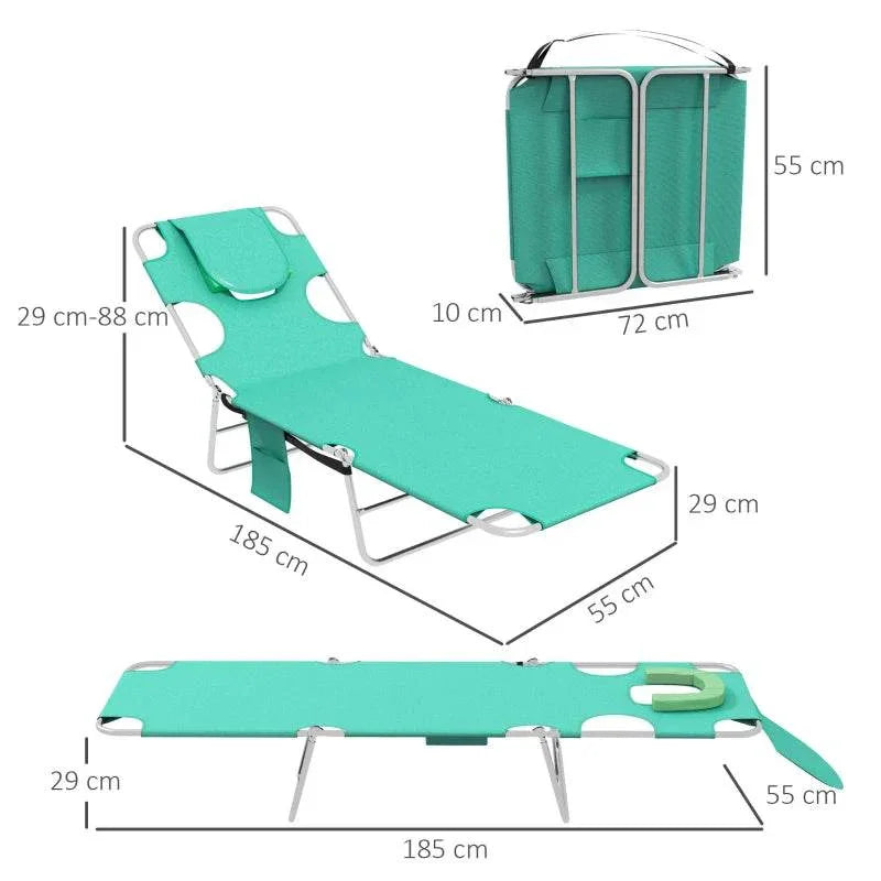 Foldable green sun lounger with 5-level backrest, headrest pad, and reading hole