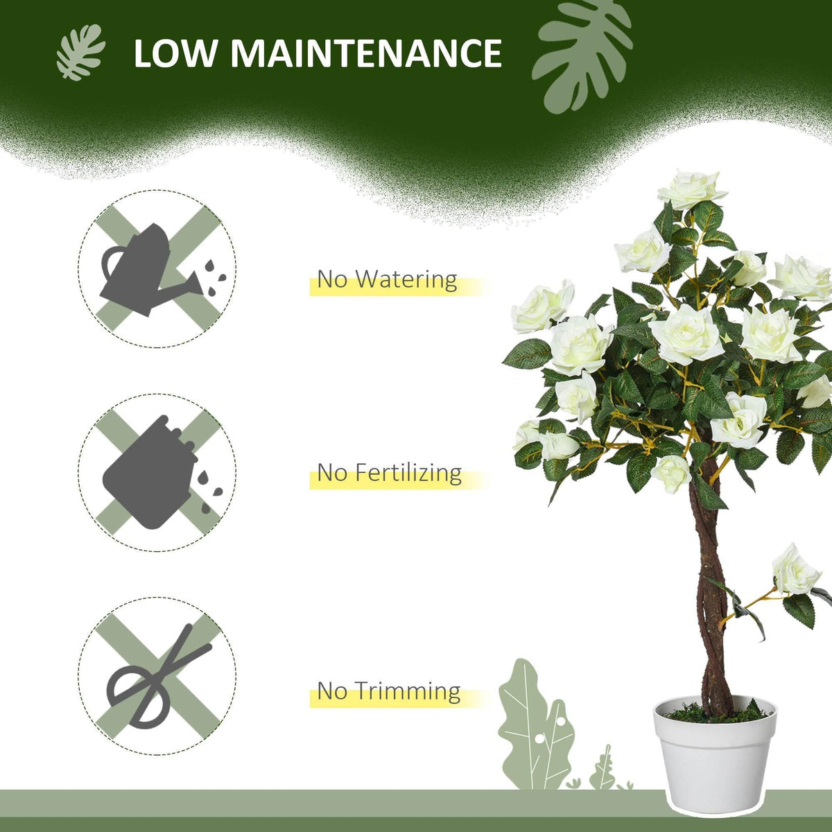 Artificial white rose tree with white blossoms and green leaves in a white pot