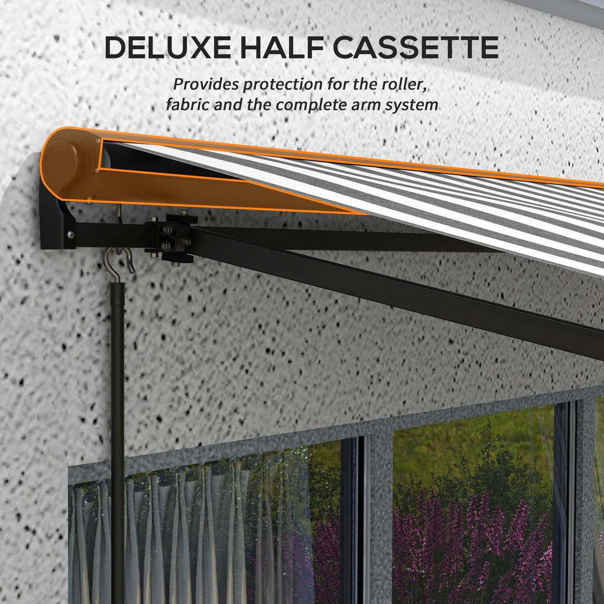 Half-cassette retractable awning housing with striped roller fabric