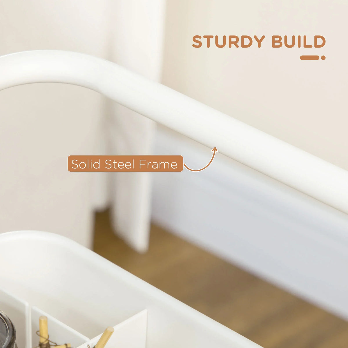 White trolley cart solid steel frame support bar and tray edge detail