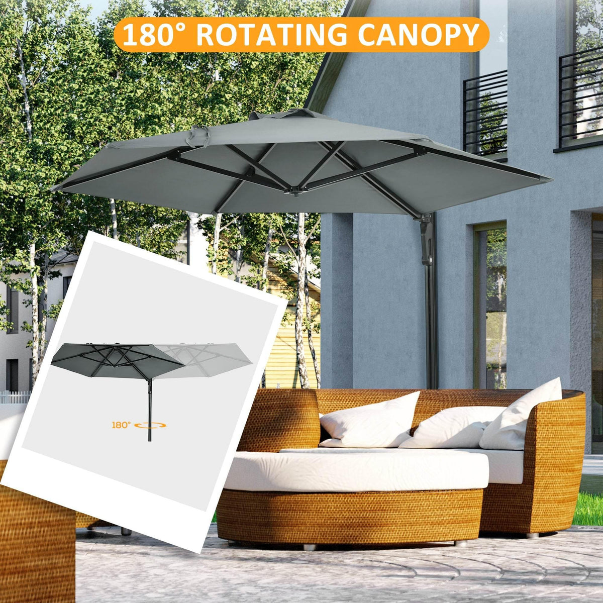 Wall-mounted outdoor patio umbrella with dark grey 180° rotating canopy