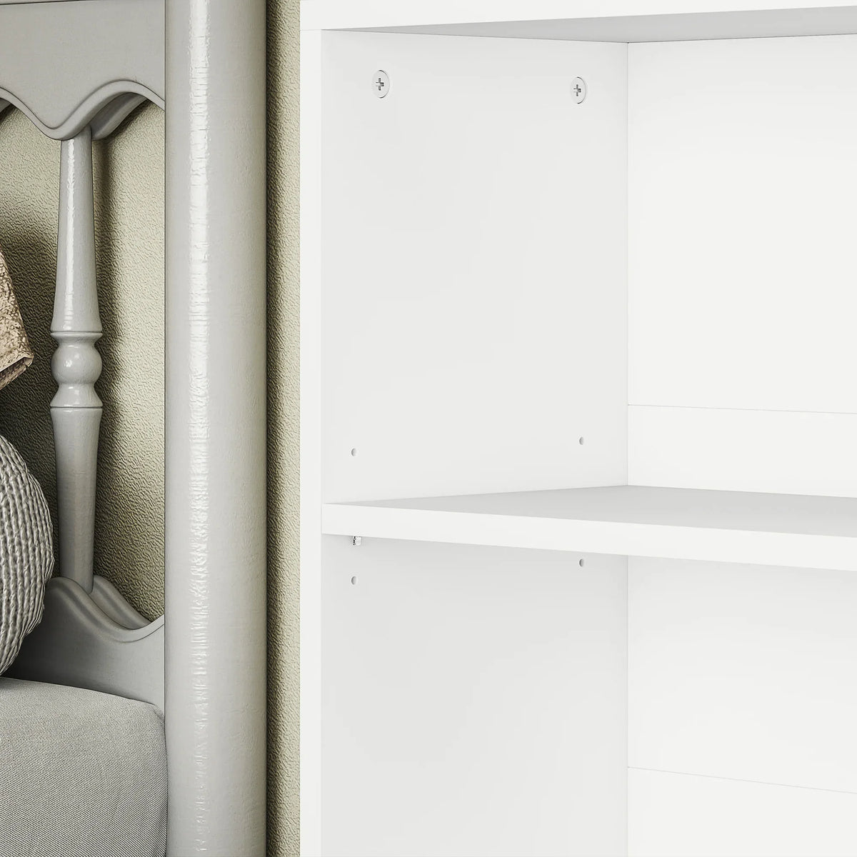 White bookcase side panel and upper open shelf, clean minimalist design