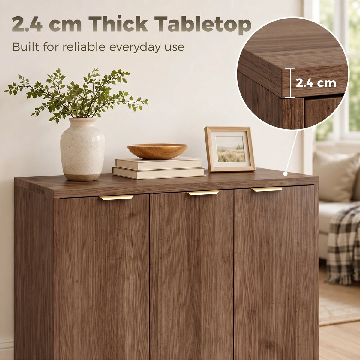 Brown sideboard cabinet with 2.4 cm thick tabletop and three-door front