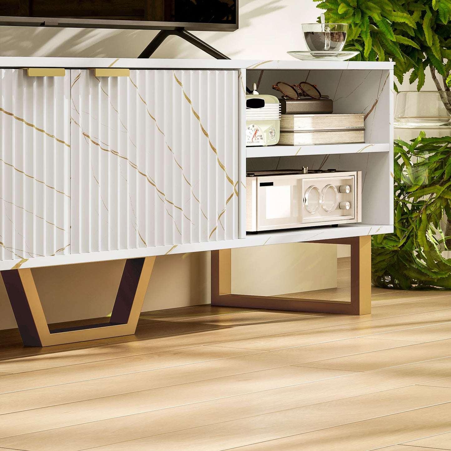 HOMCOM Marble Effect TV Unit For Up To 70 Inch TVs With Fluted Doors Open Shelves And Cable Management White