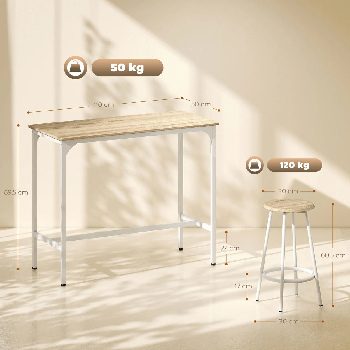 Bar table and stool set with metal legs; tabletop and seat in light wood.