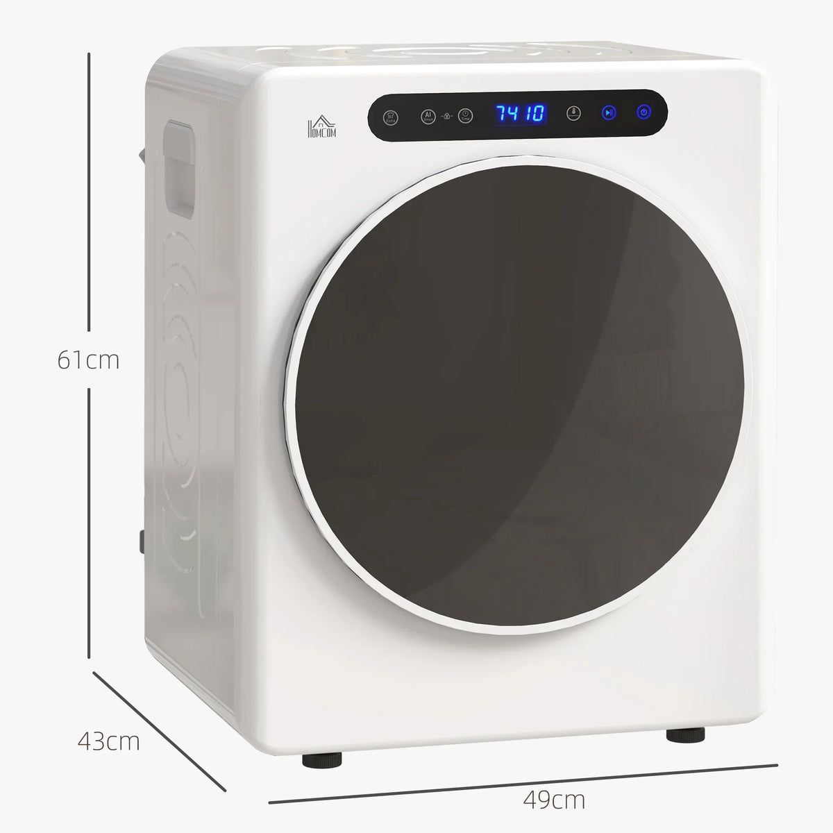 White compact tumble dryer, front view with side height and depth shown