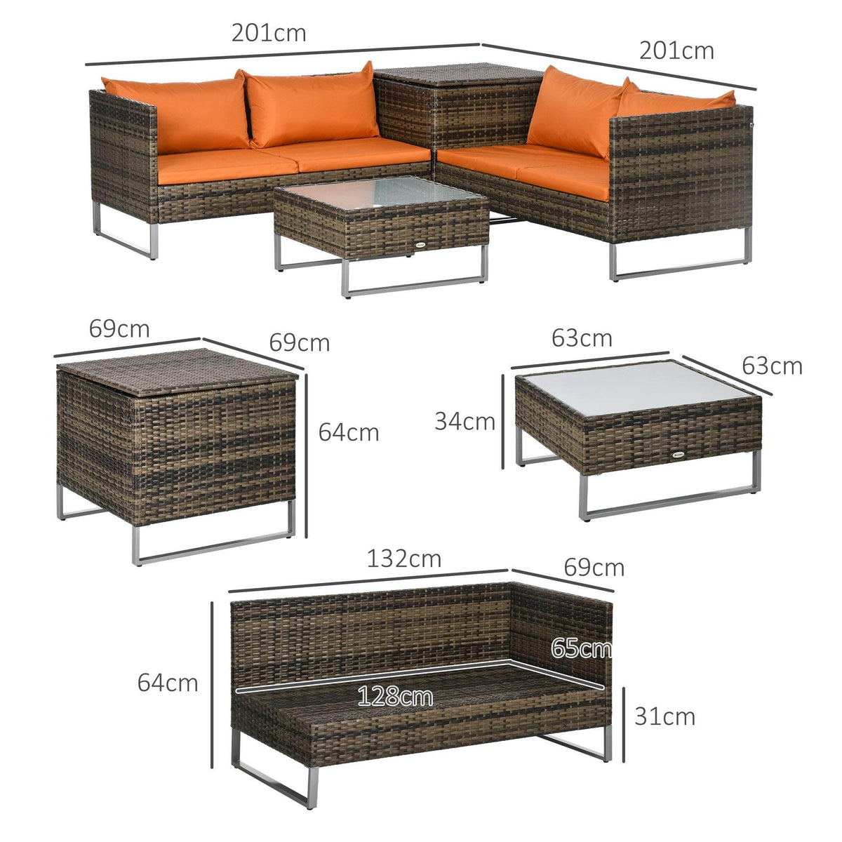 4-piece patio sectional set layout with orange cushions, dark wicker, and coffee table