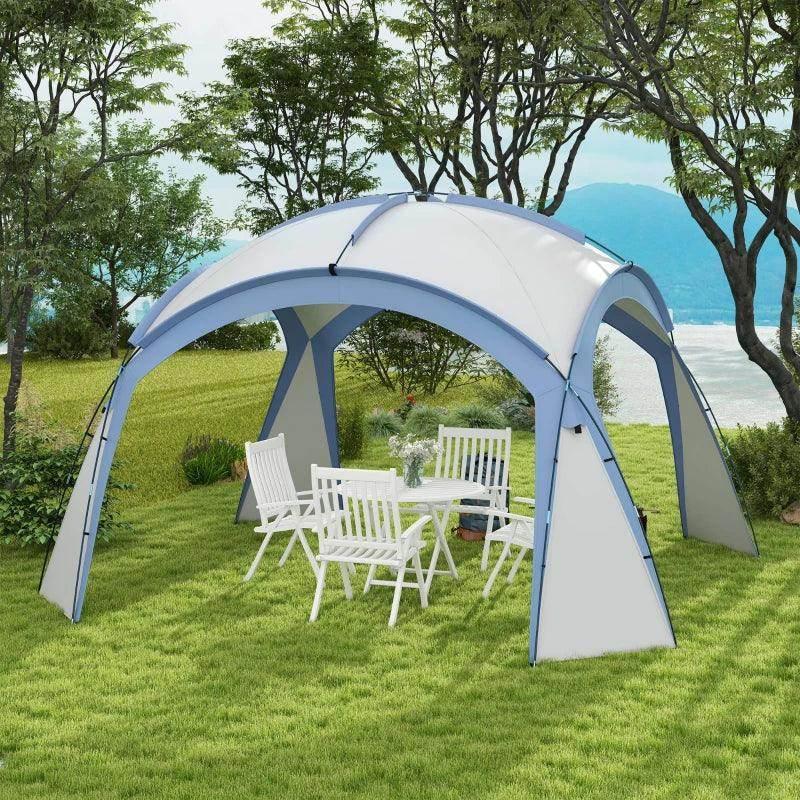 Light blue and white dome camping gazebo with open front and arched side panels
