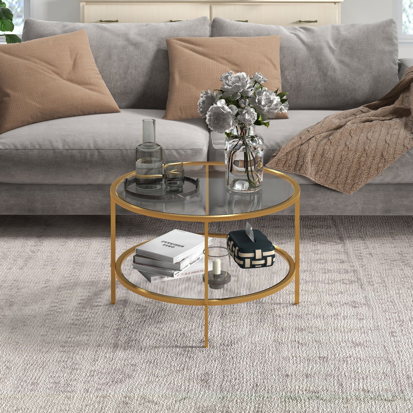 HOMCOM Round Coffee Table With Storage Two Tier Tempered Glass Shelves Gold Tone Steel Frame For Living Room
