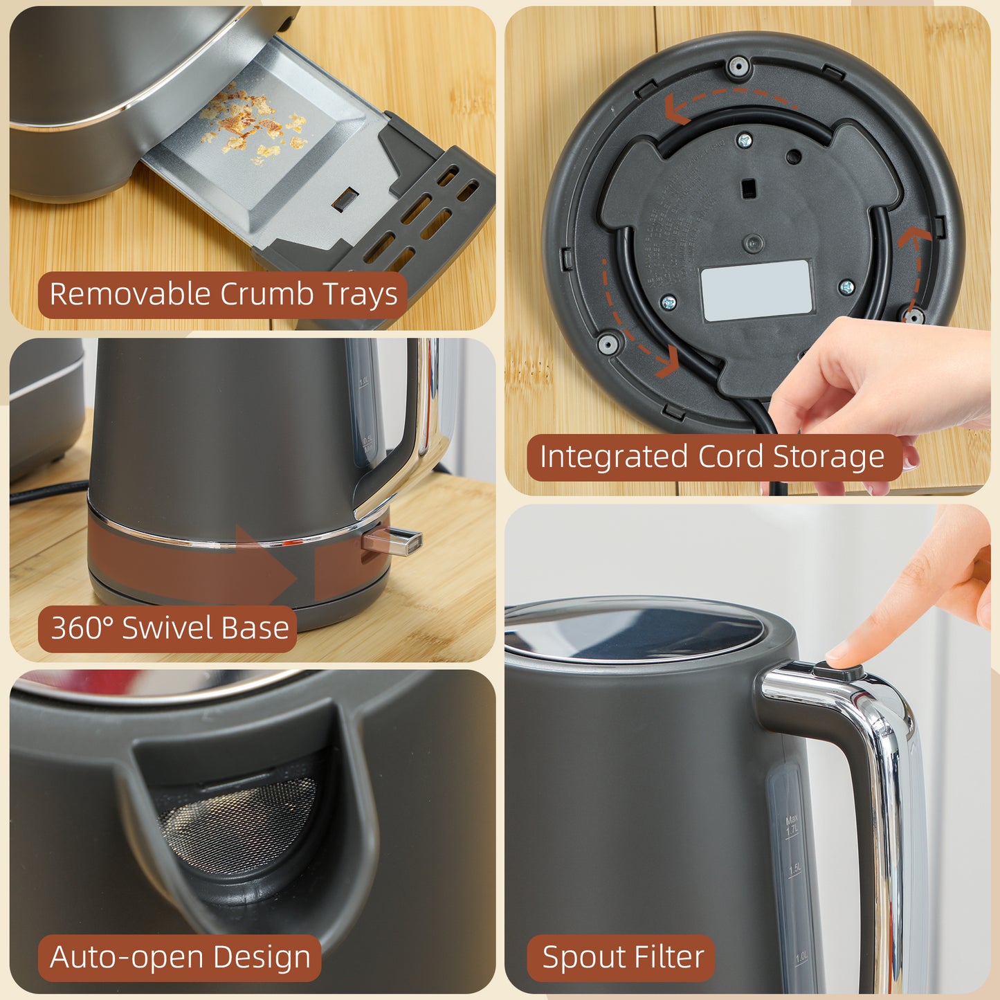 HOMCOM Kettle And Toaster Set 1.7L 3000W Fast Boil Kettle And 2 Slice Toaster With 6 Browning Levels Defrost Reheat Grey