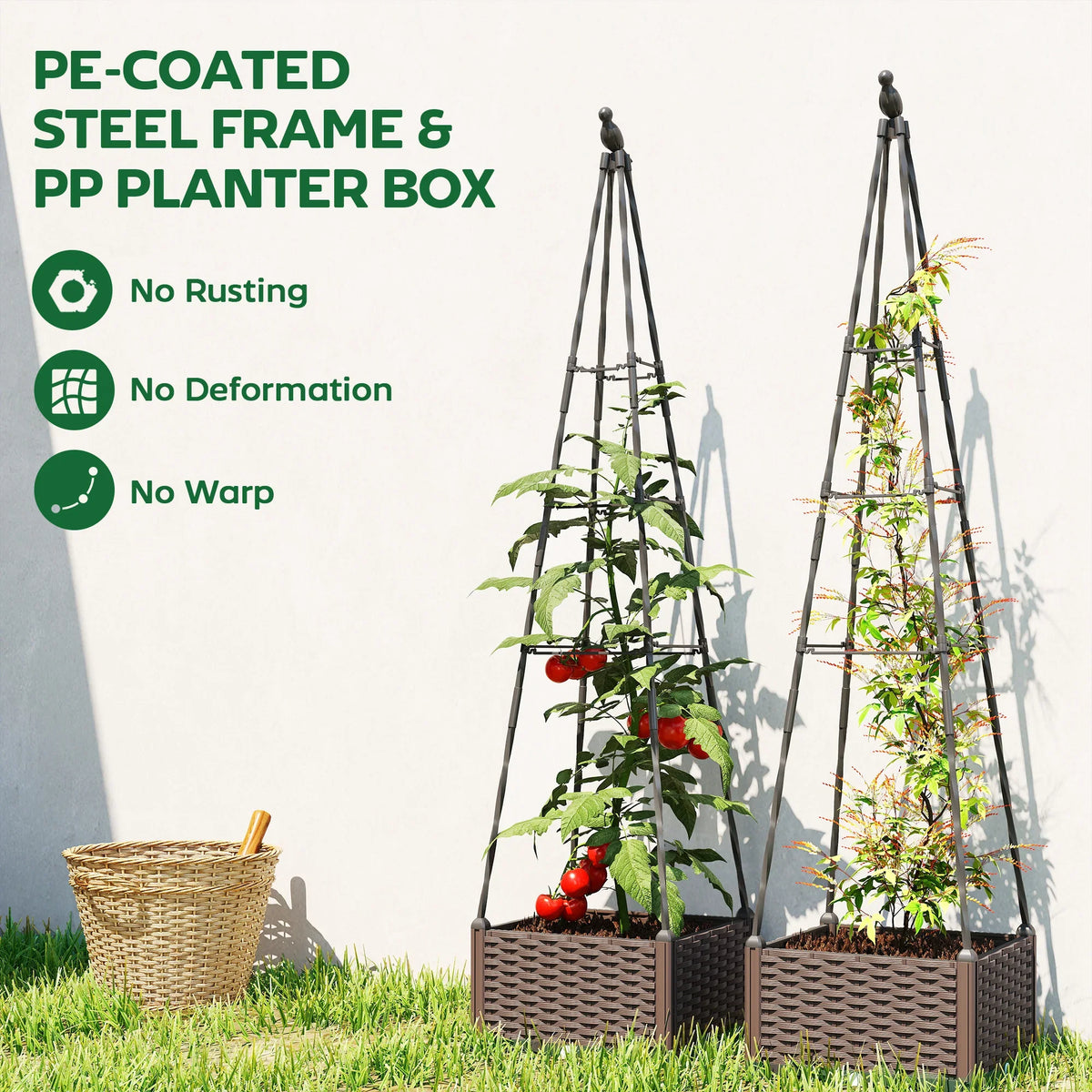 Two dark brown raised trellis planter boxes with tall black frames and green climbing plants