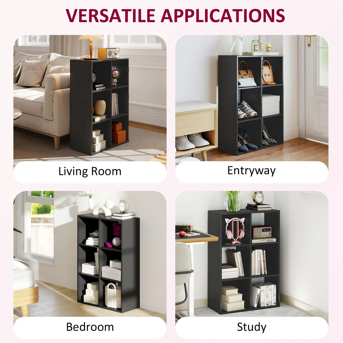 Black six-cube bookshelf styled for living room, entryway, bedroom, and study