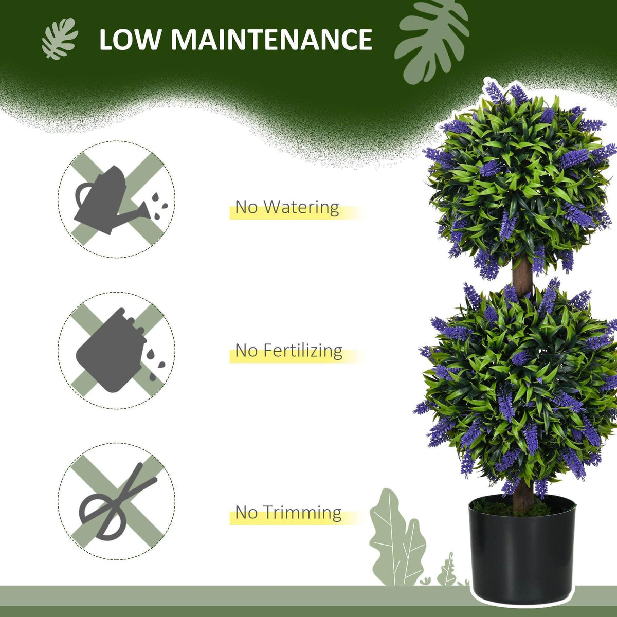 Artificial potted ball tree plant with purple lavender flower clusters in black pot