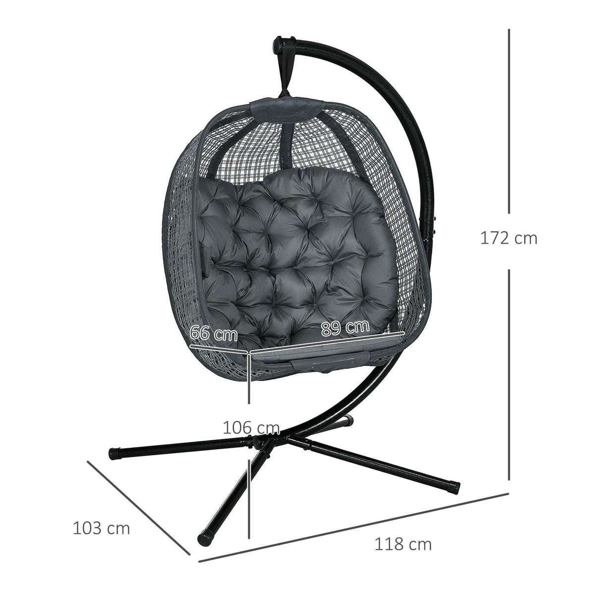 Dark grey hanging swing chair with mesh basket and thick quilted cushion, size diagram