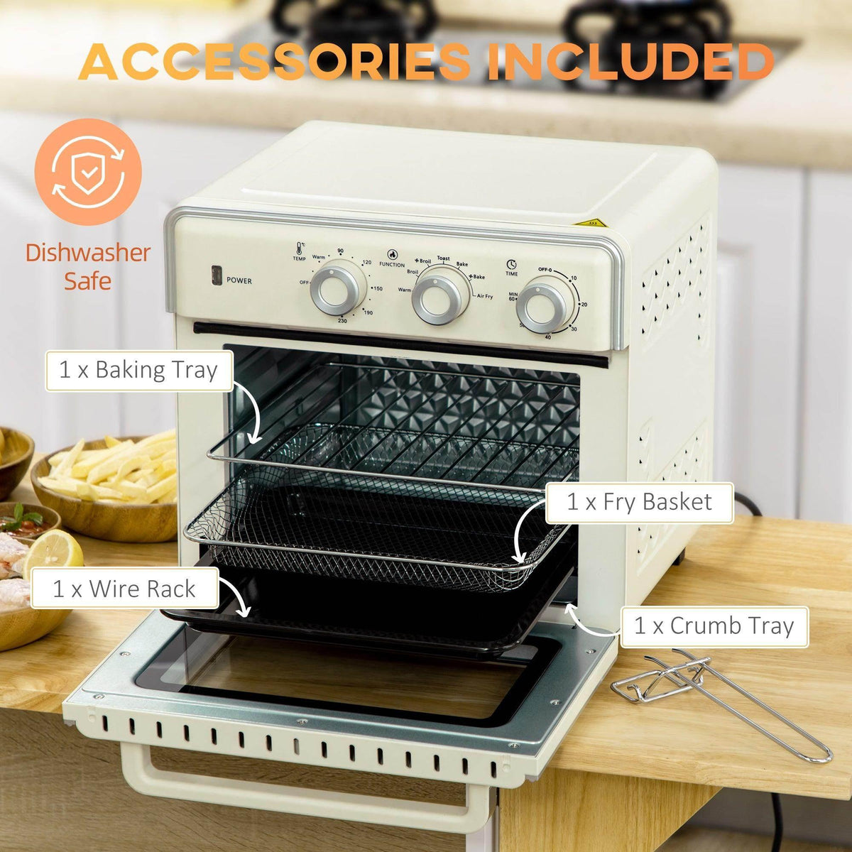 Cream toaster oven with included baking tray, wire rack, fry basket, and crumb tray