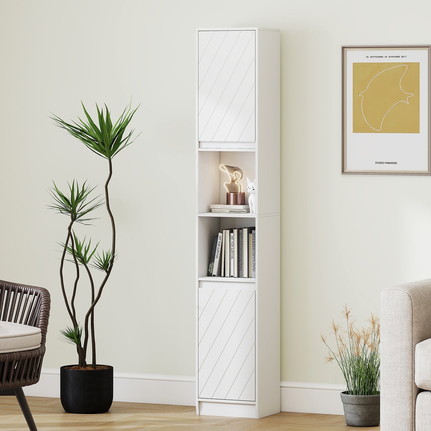 HOMCOM Narrow White Bathroom Cabinet Slim Storage Unit with Open Compartments and Adjustable Shelves 30 x 24 x 170 cm