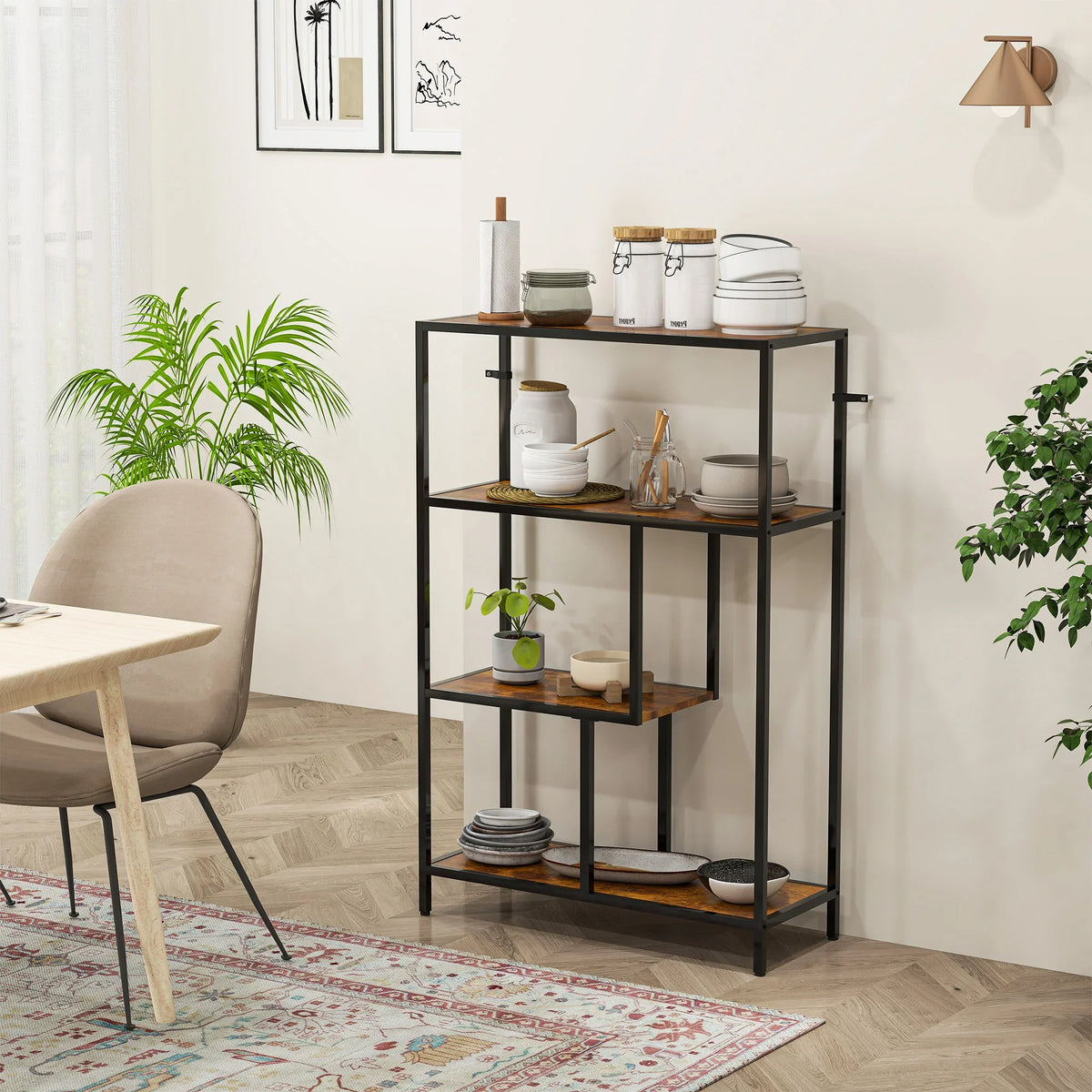 4-tier bookshelf with rustic brown shelves and black frame, open storage for dishes and books.