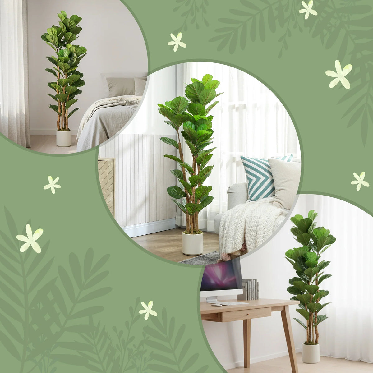 Artificial fiddle-leaf fig tree with green leaves on natural wood-style stems in a white pot.
