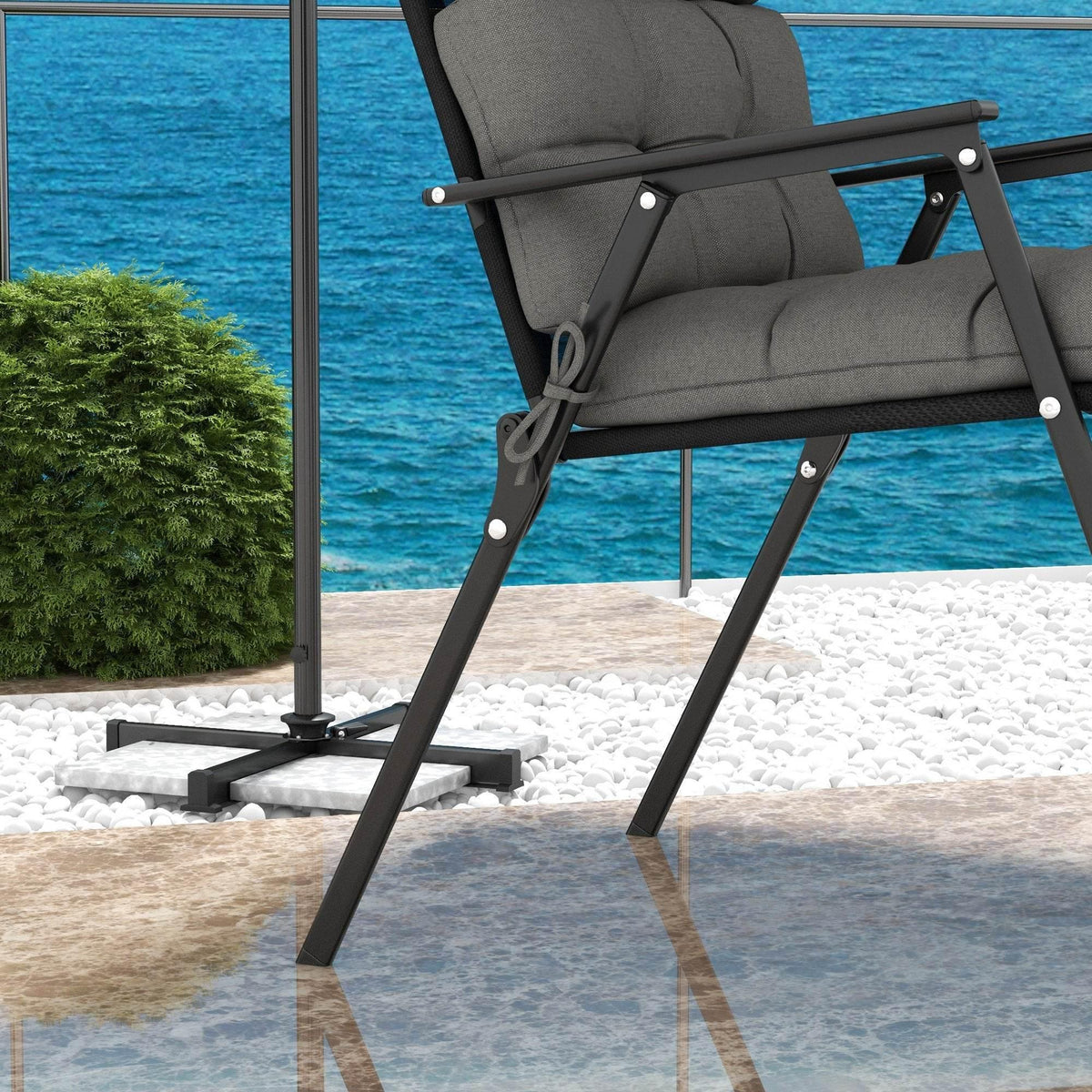 Charcoal grey outdoor chair cushion set with backrest pad and seat pad, quilted