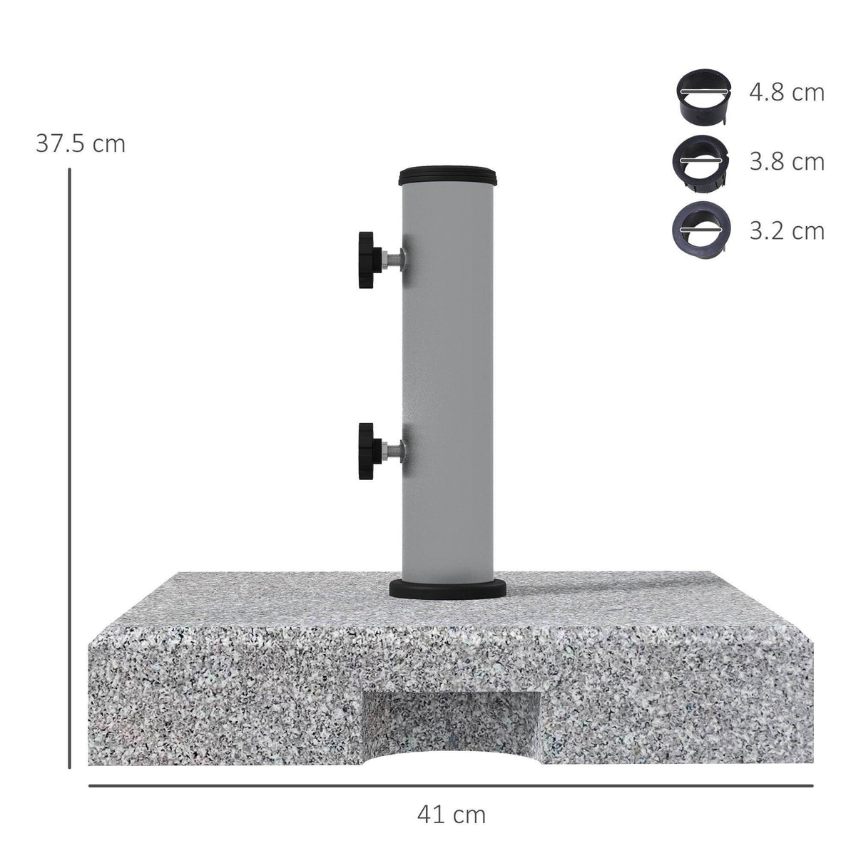 Grey umbrella stand pole with two side knobs on speckled granite square base.