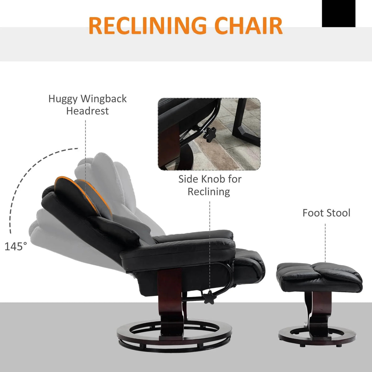 Reclining swivel chair with side control knob and matching ottoman footstool