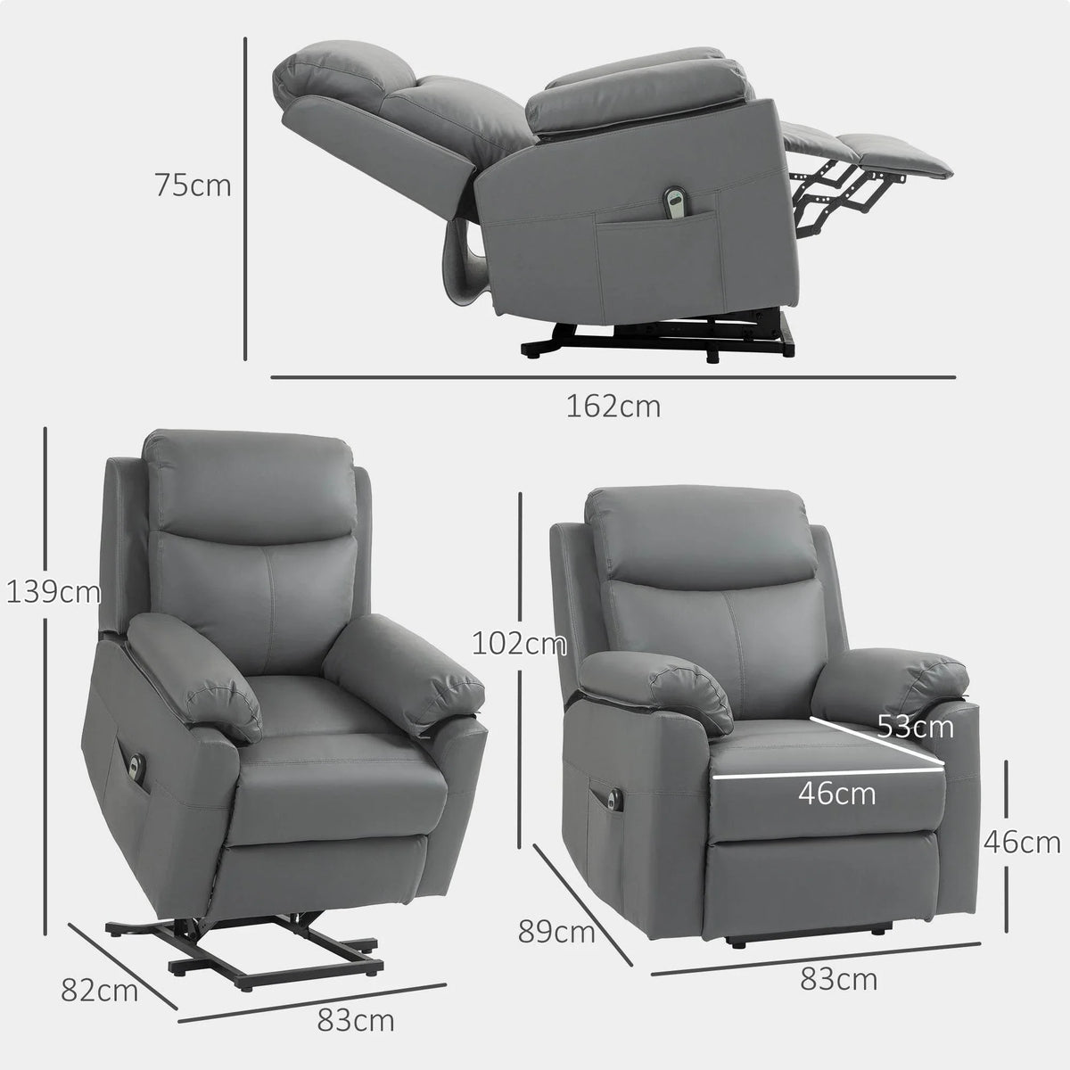 Charcoal grey electric lift recliner chair dimensions with remote-side arm control