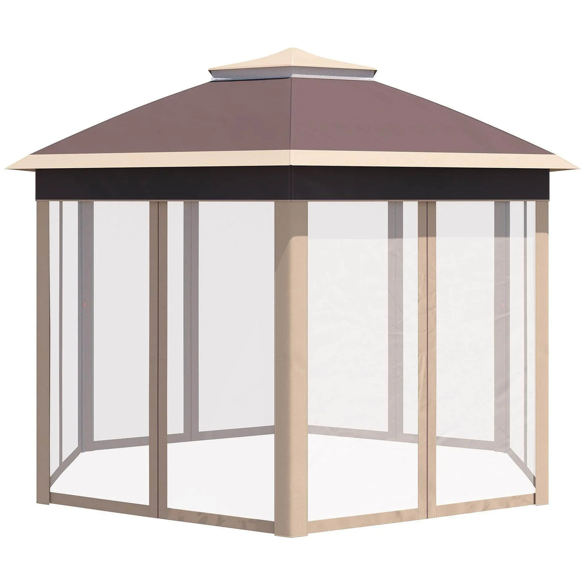 Hexagon pop-up gazebo with khaki frame and clear mesh side panels, double roof canopy