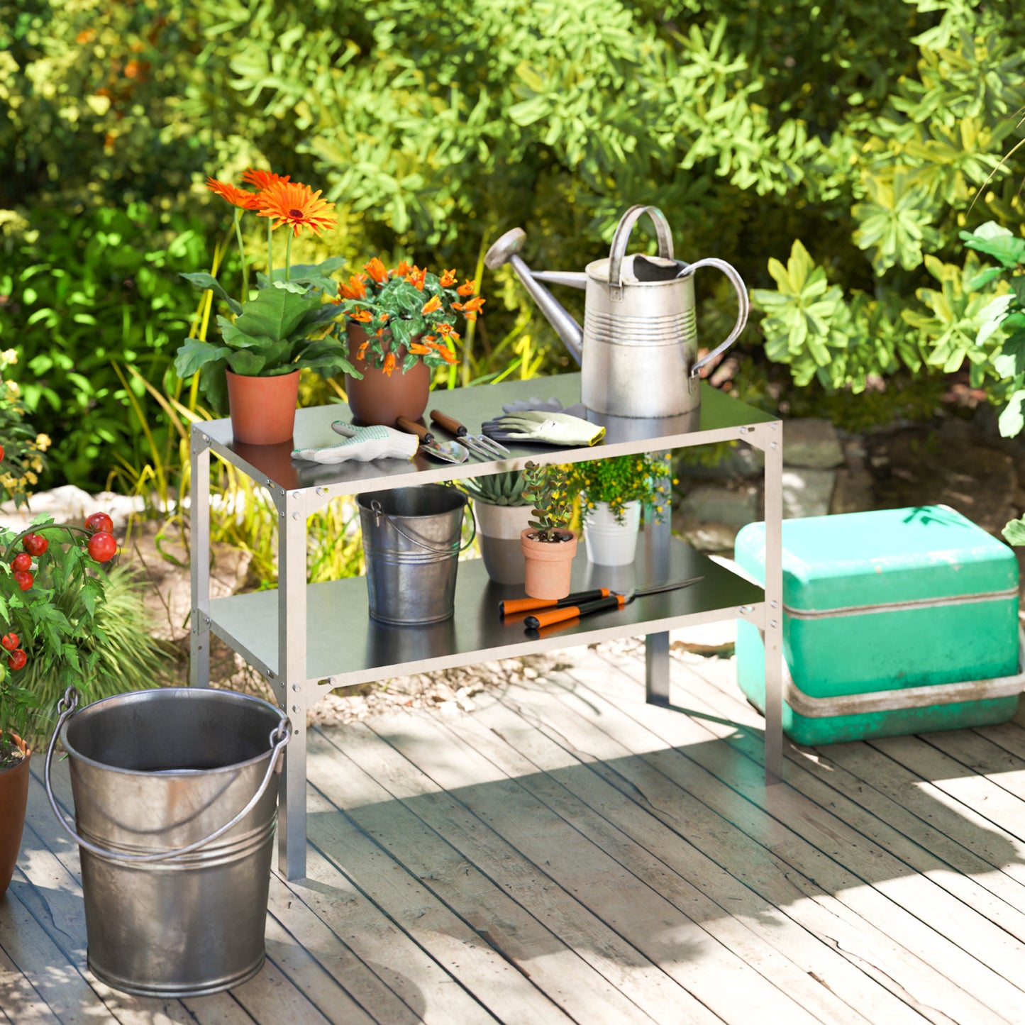 Outsunny Galvanised Steel Potting Bench 2 Tier Table With Storage Shelf For Outdoor Patio Greenhouse 110x50x75cm Silver