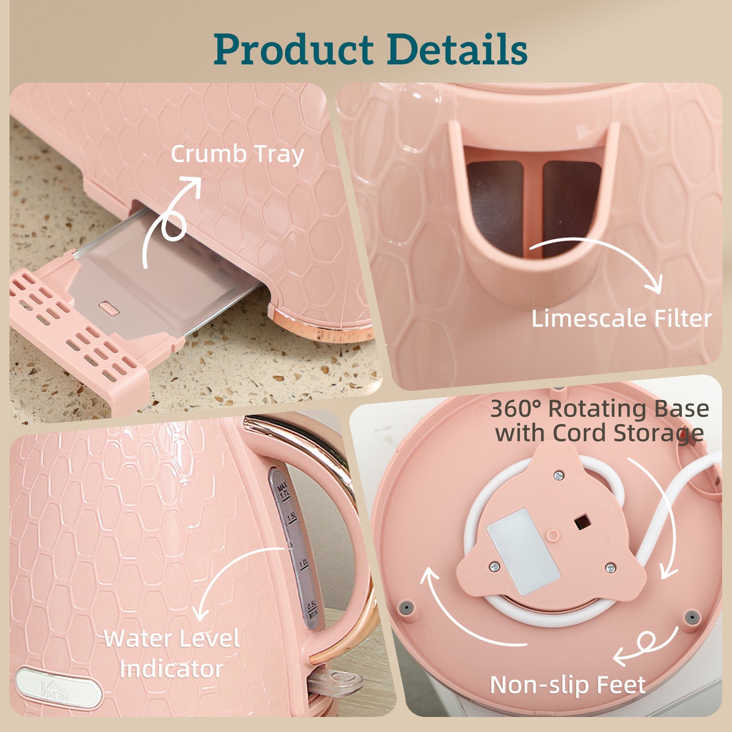 HOMCOM 1.7L 3000W Fast Boil Kettle And 2 Slice Toaster Set With Auto Shut Off Browning Controls Honeycomb Light Pink