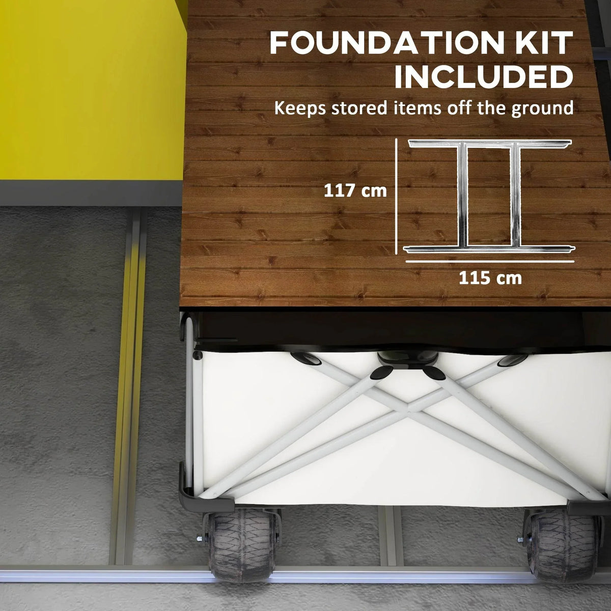 Included foundation kit for outdoor shed with metal support frame under the base