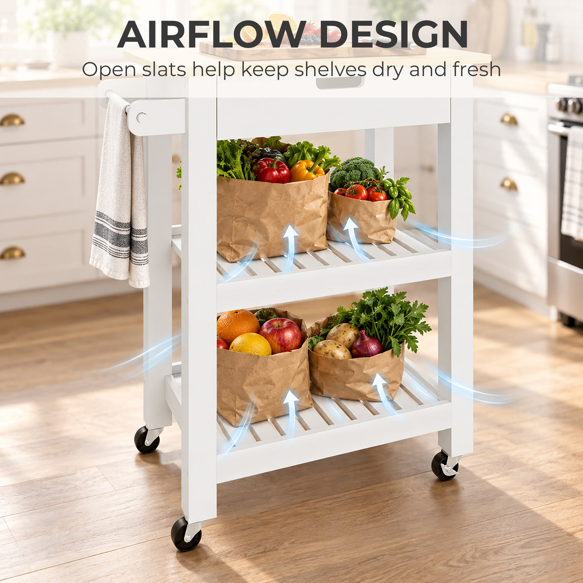 HOMCOM Kitchen Rolling Trolley With Rubberwood Top And Drawer