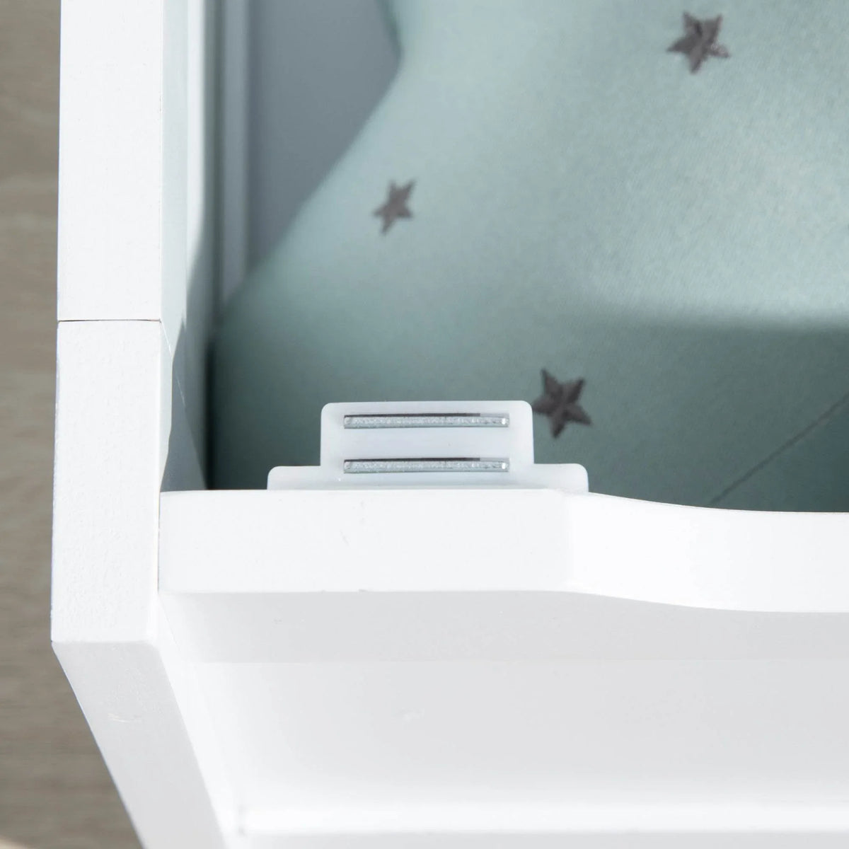 Kids toy chest bench with open storage compartment and star-patterned interior.