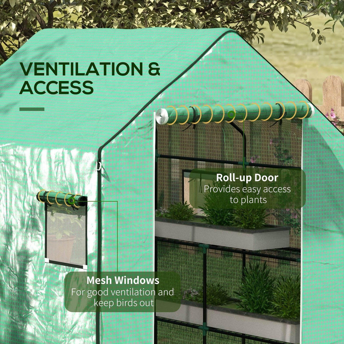 Green greenhouse cover with roll-up door and mesh windows for ventilation