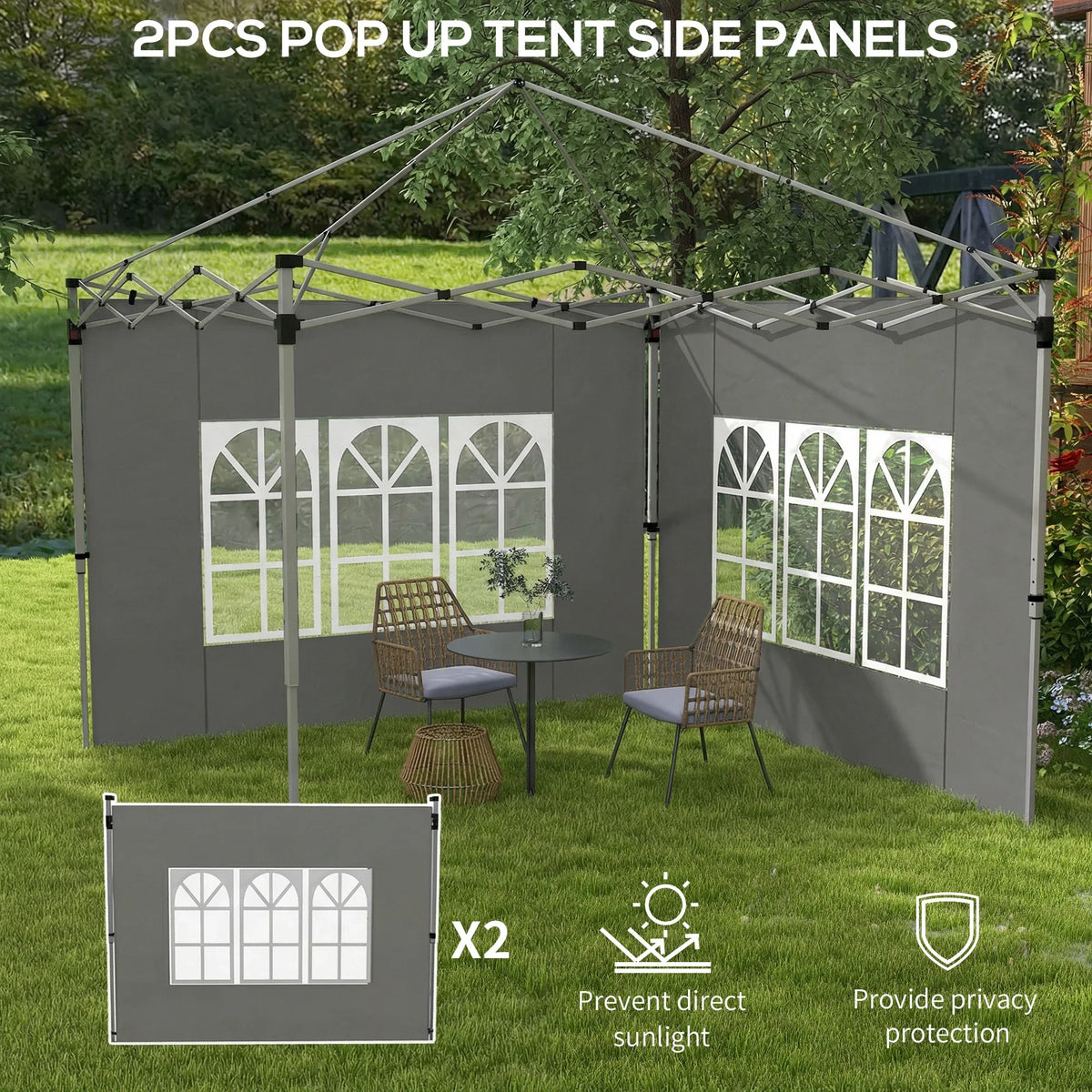 Dark grey gazebo tent side panel pair with white window inserts, privacy protection icons