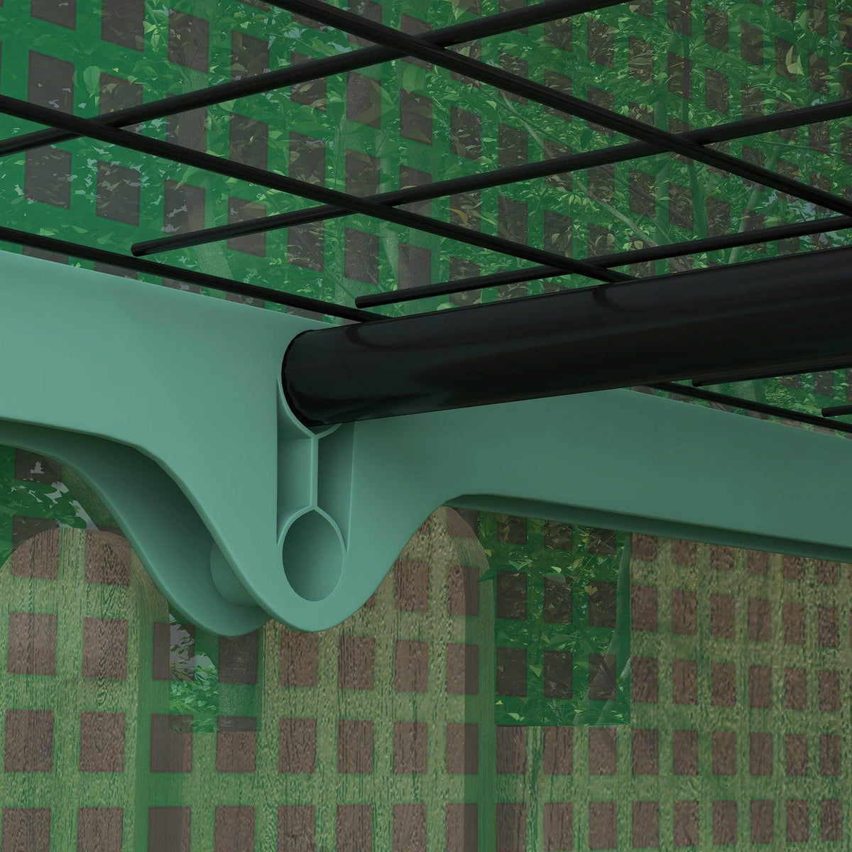Green greenhouse frame corner with rolled PE cover tube and hanging grommet