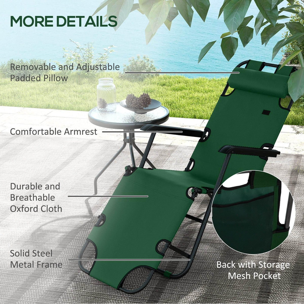 Green adjustable sun lounger chair with padded pillow, armrests, and mesh storage pocket