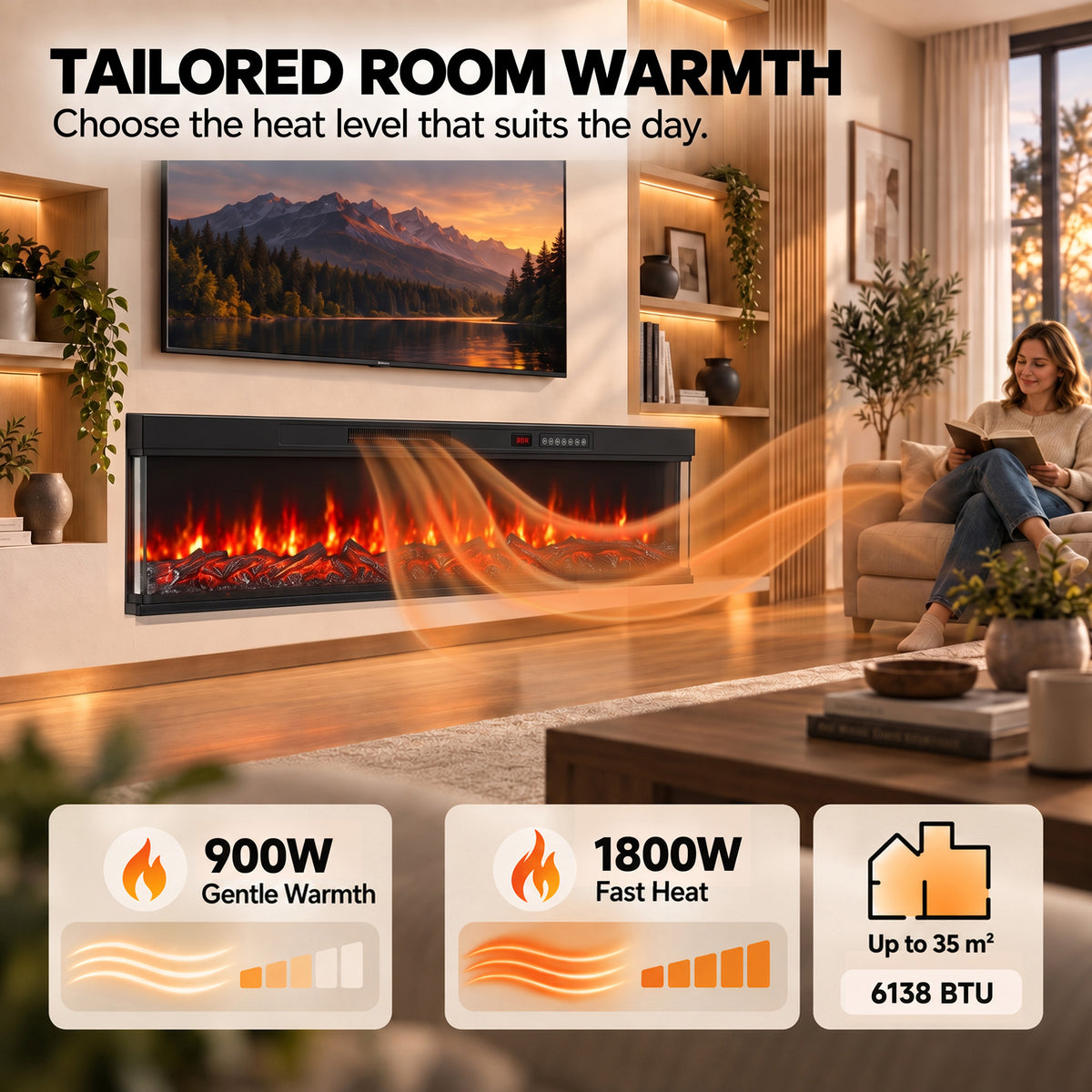 Electric fireplace insert mounted in wall opening with panoramic flames and black trim