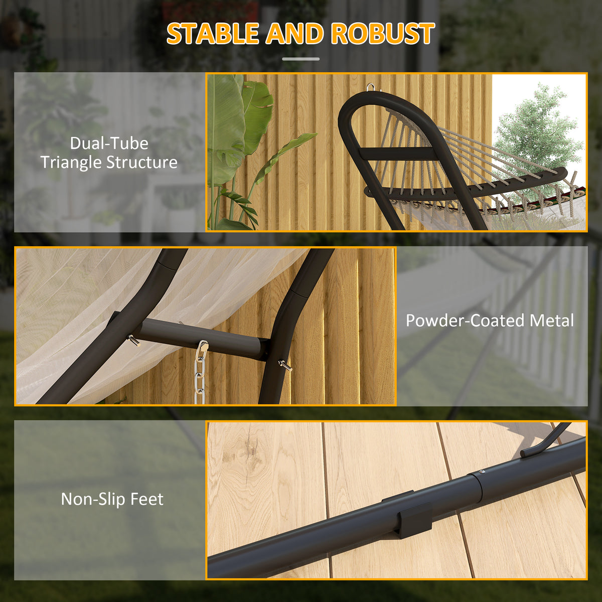 Black hammock stand frame with powder-coated metal bars and non-slip feet