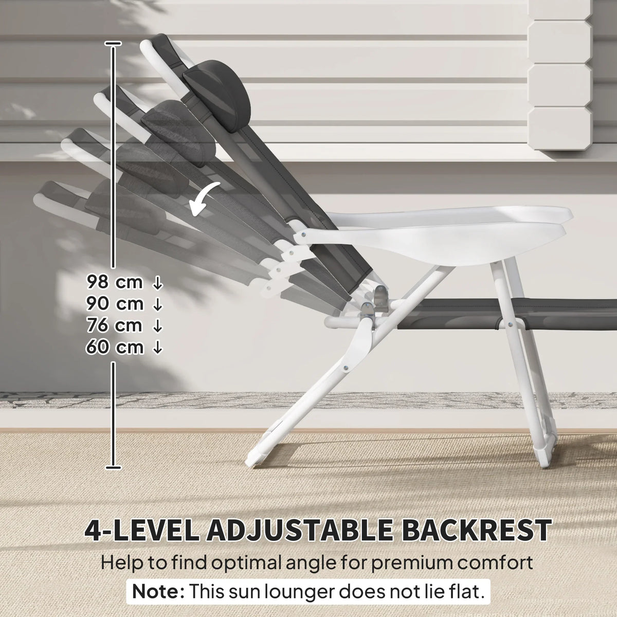 4-level adjustable lounge chair backrest with charcoal seat and white folding frame