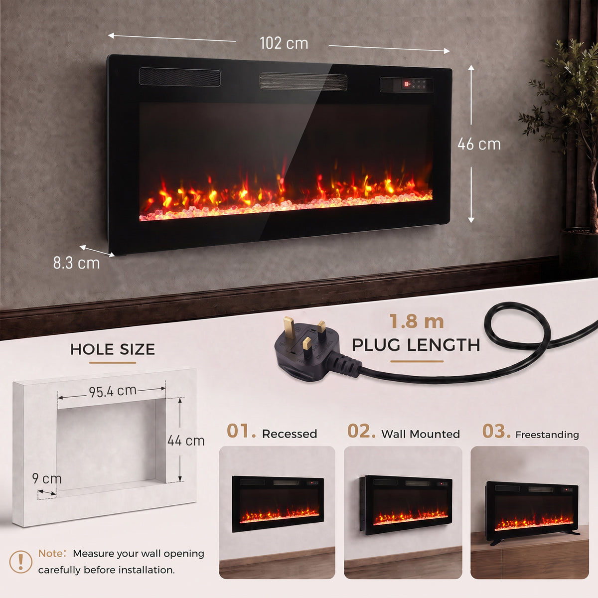 Ultra-slim electric fireplace with wall dimensions overlay and recessed/wall-mount layout options