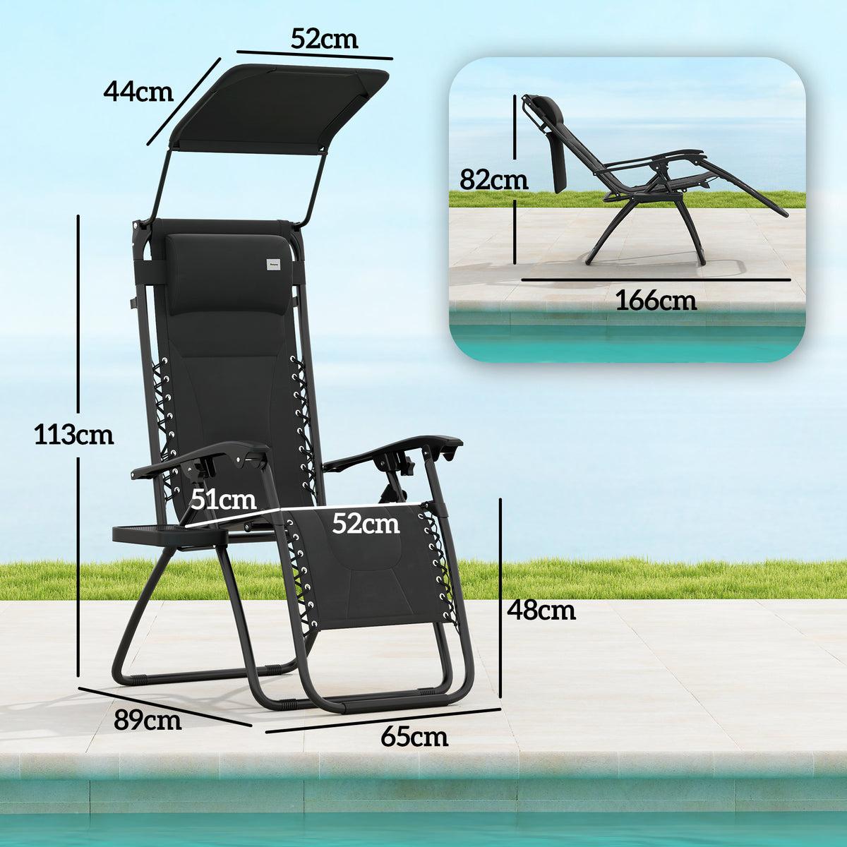Black zero-gravity lounger chair with padded seat, adjustable recline, and detachable headrest