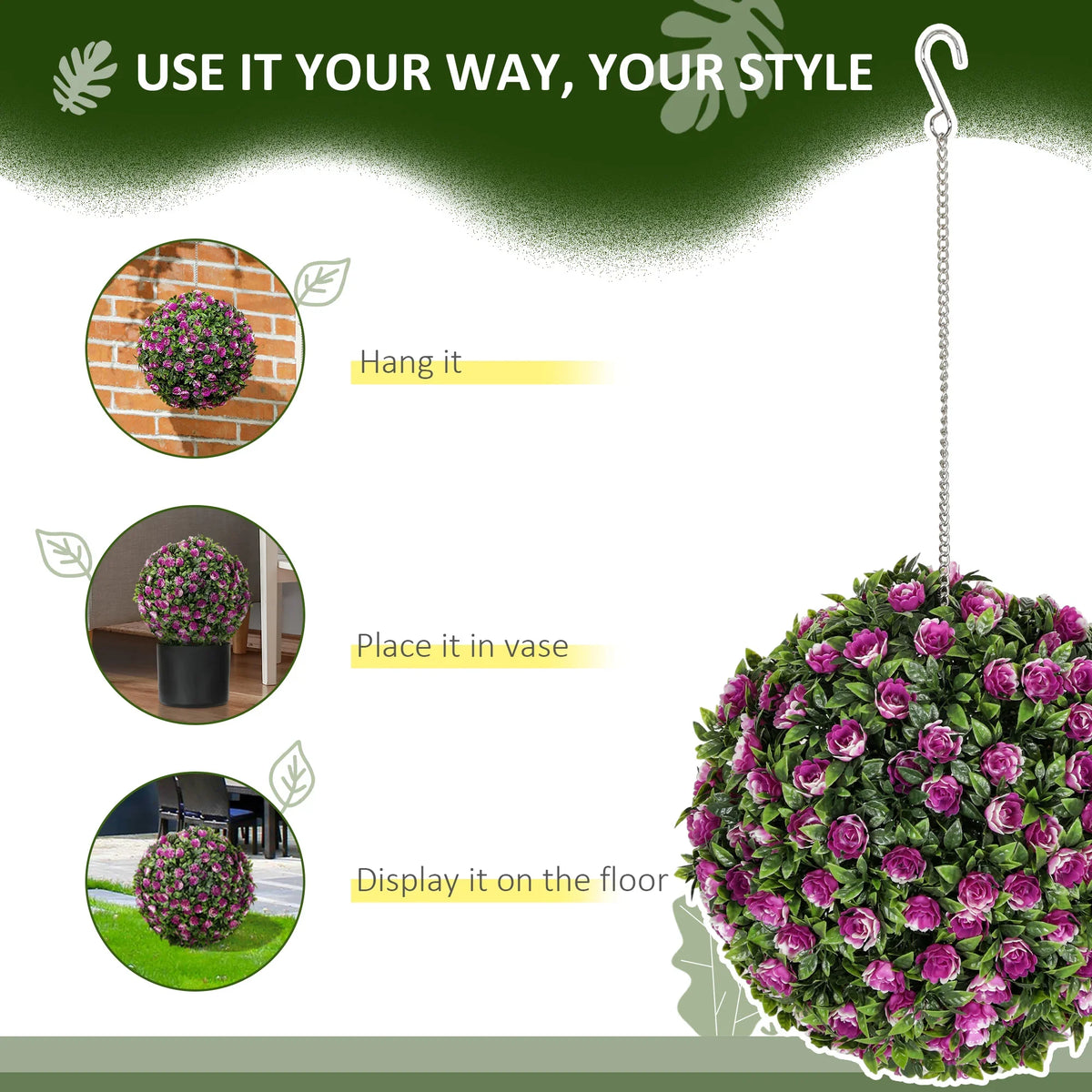 Purple artificial rose topiary ball with hanging chain, compact round rose cluster