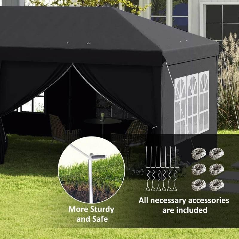Dark grey pop-up gazebo corner with curtained sidewall and arched window panel
