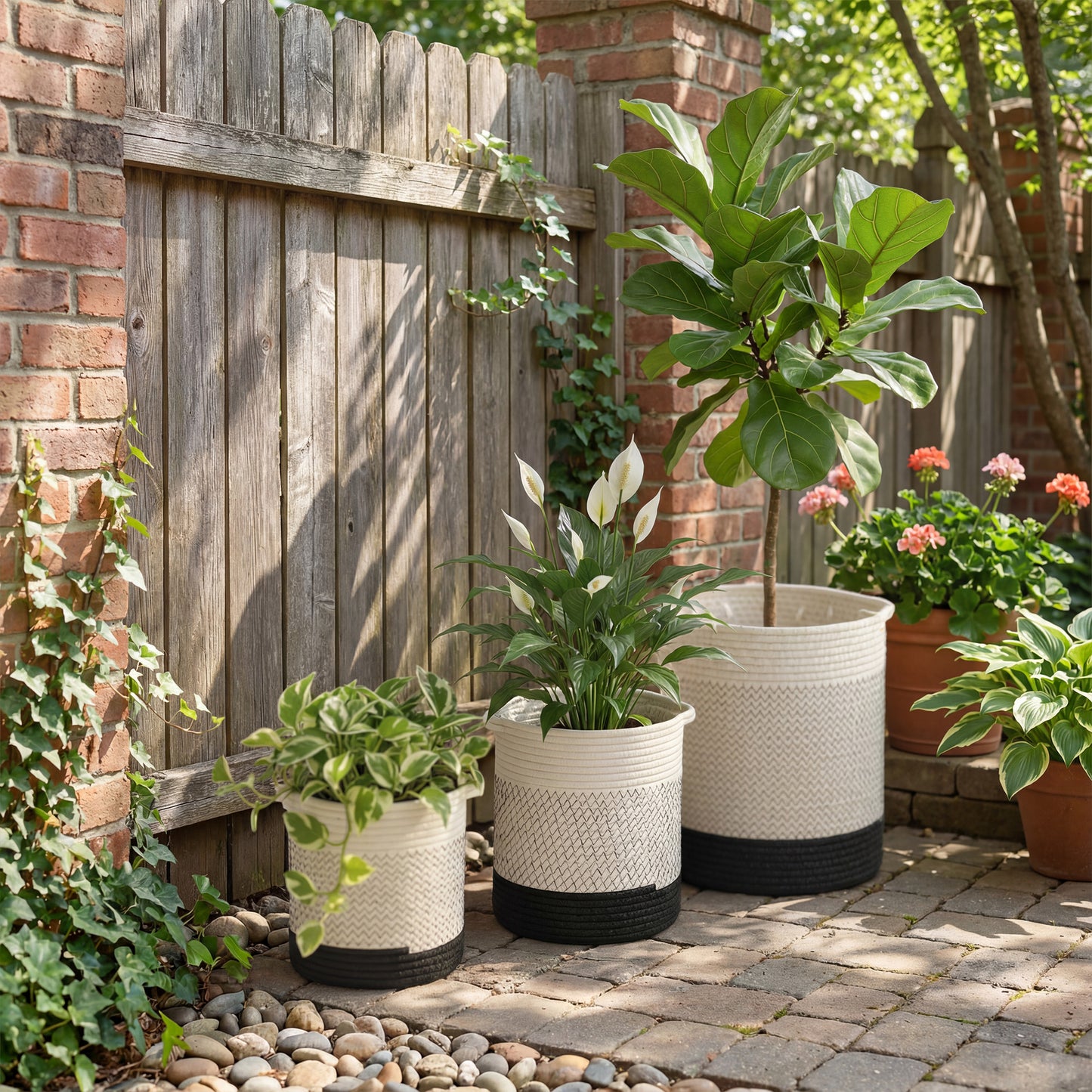 Outsunny Handwoven Cotton Indoor Plant Pots With Waterproof Liner Set Of 3 White